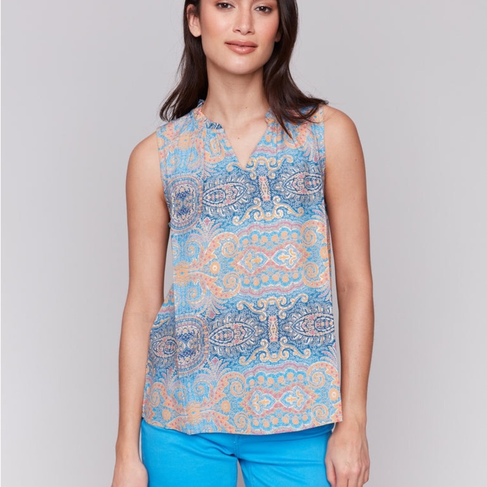CHARLIE B Blue and Tan Sleeveless Blouse with Mandarin Collar